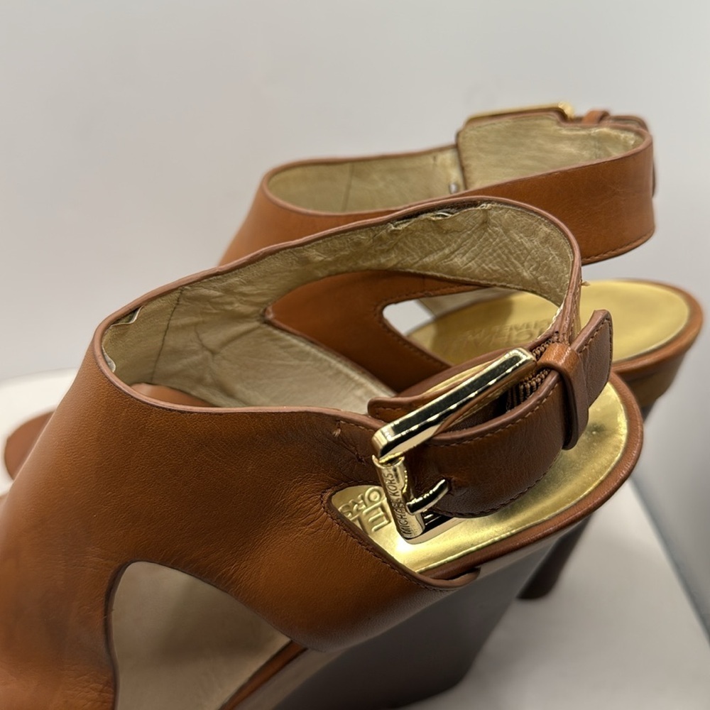 Michael Kors Tan Leather Wedge Sandals - Picture 7 of 9